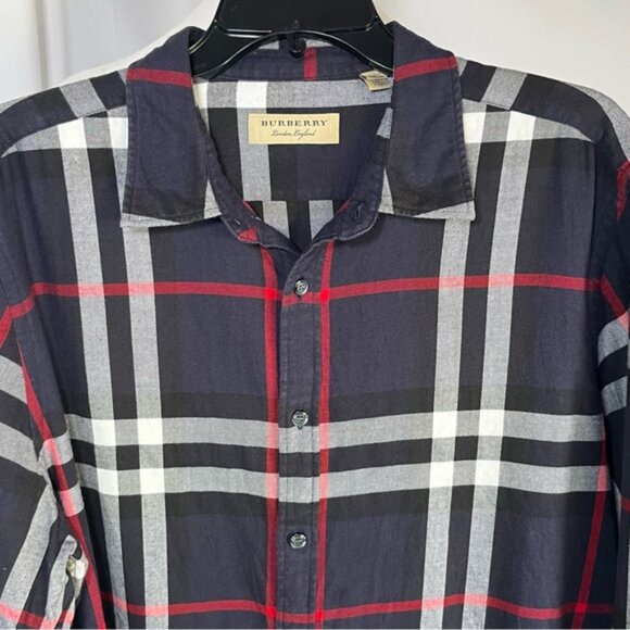 Burberry Men's Plaid Long Sleeve Button Down Shirt Navy, Black, White, Red XXL - Picture 2 of 6